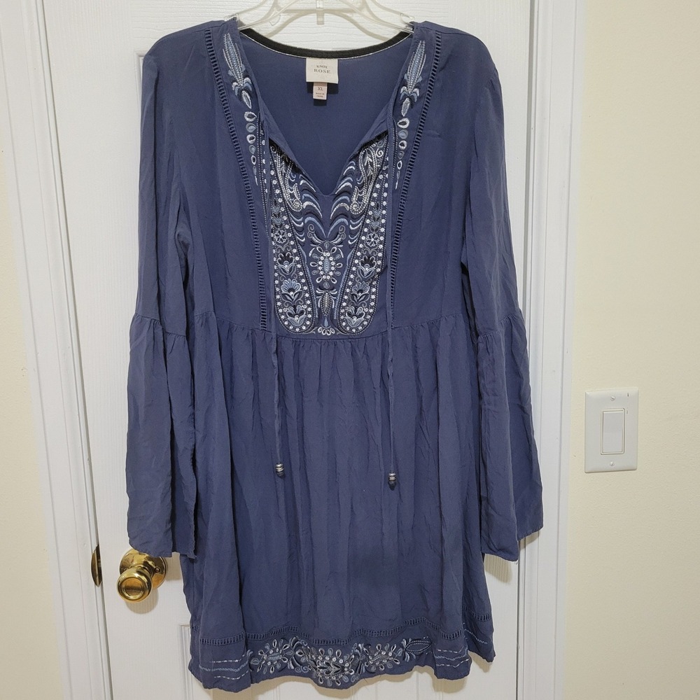 Knox Rose Blue Embroidered Boho Bell Sleeve Babydoll Mini Dress XL